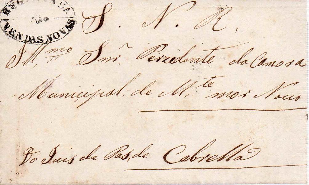 1462 f.jpg -     Lote:    1462 (frente)            Portugal       Descrição:         Carimbos de registo e carimbos nominativos. Carta do Real Serviço circulada de Cabrela (20.10.64) para Montemor-o-Novo isenta de porte. Carimbos batidos a preto "REGISTADA / VENDAS NOVA" + nominativo "VENDAS NOVAS". R.        Carta       Valor Base:     &euro; 25,00     Valor Venda:     &euro; 25,00     